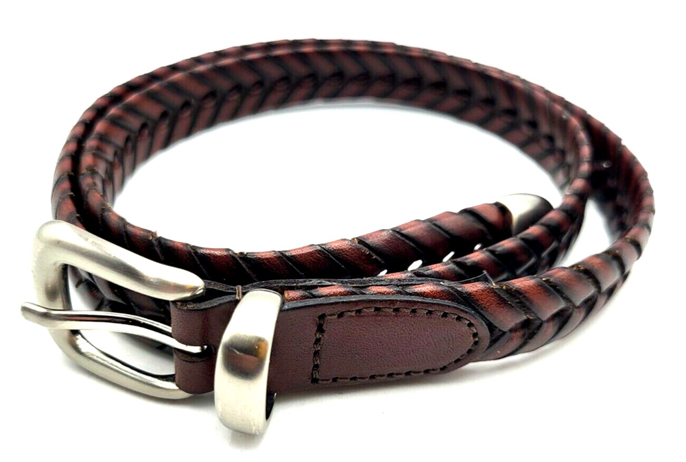 Full Grain Leather Skinny Belt Brown Chevron Pattern Size M 3/4" Wide
